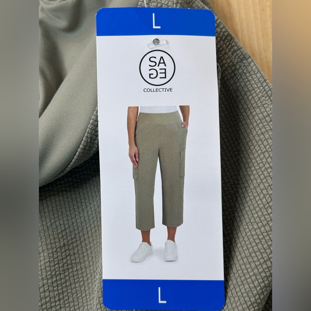 Sage Collective Olive Green Cargo Crop Pants Large Pull On Stretch Travel - Picture 3 of 9